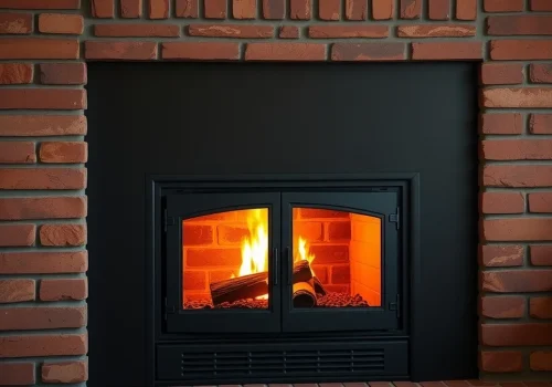 Wood-burning insert installed flush into a brick fireplace, fire visible behind the glass door
