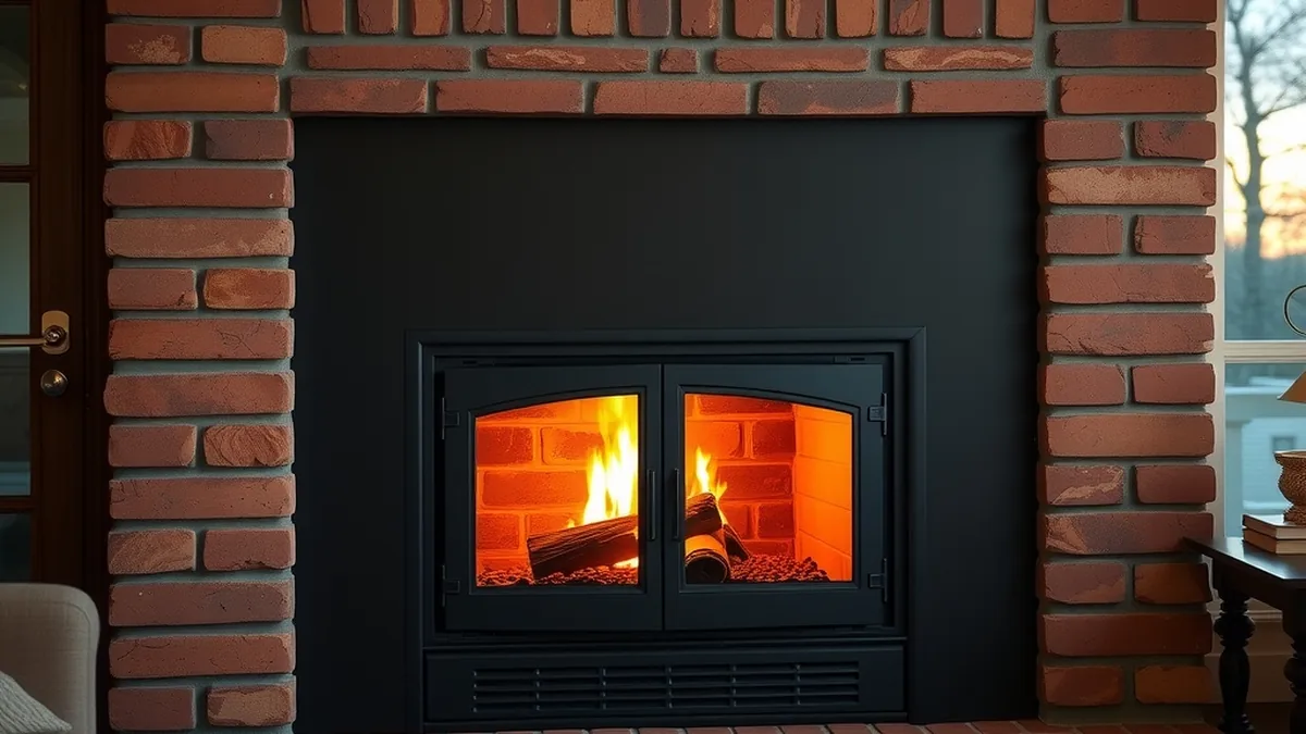 Wood-burning insert installed flush into a brick fireplace, fire visible behind the glass door