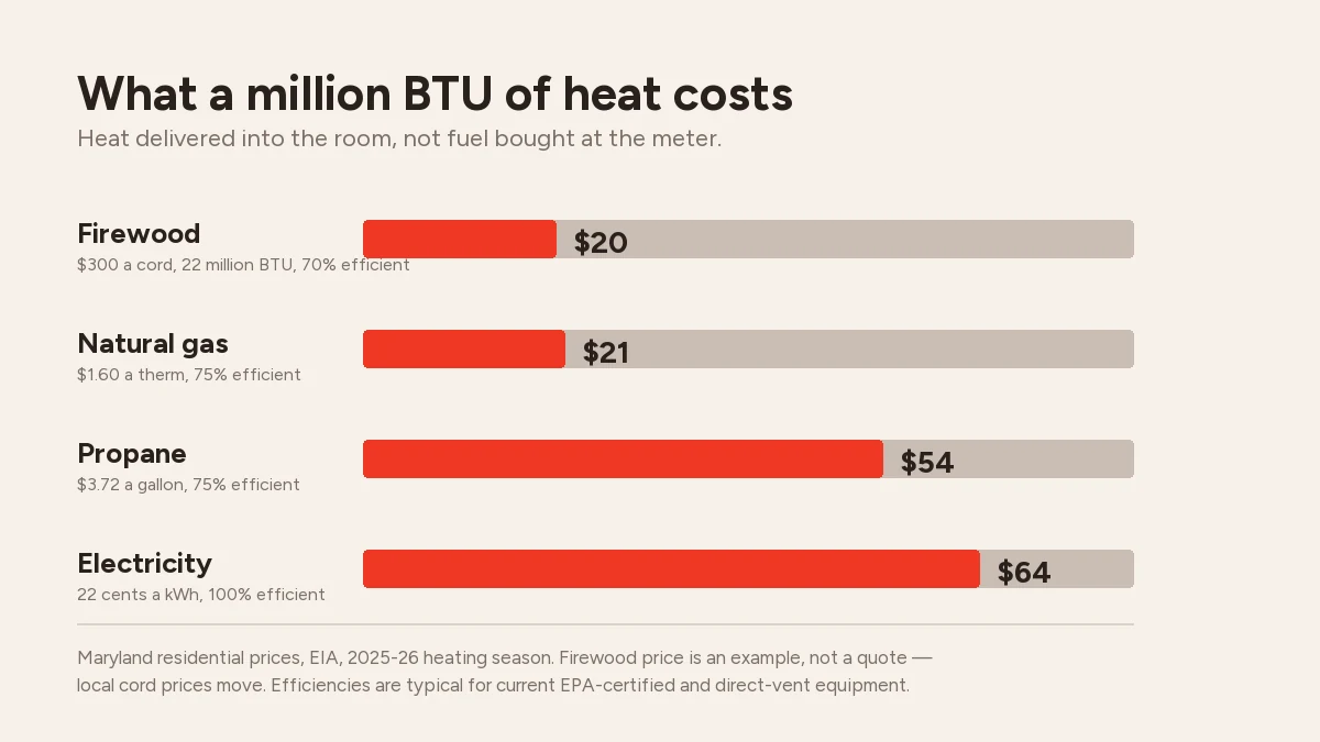 Bar chart: cost of a million BTU of delivered heat in Maryland — firewood $20 at $300 a cord and 70% efficiency, natural gas $21 at $1.60 a therm and 75%, propane $54 at $3.72 a gallon and 75%, electricity $64 at 22 cents a kWh
