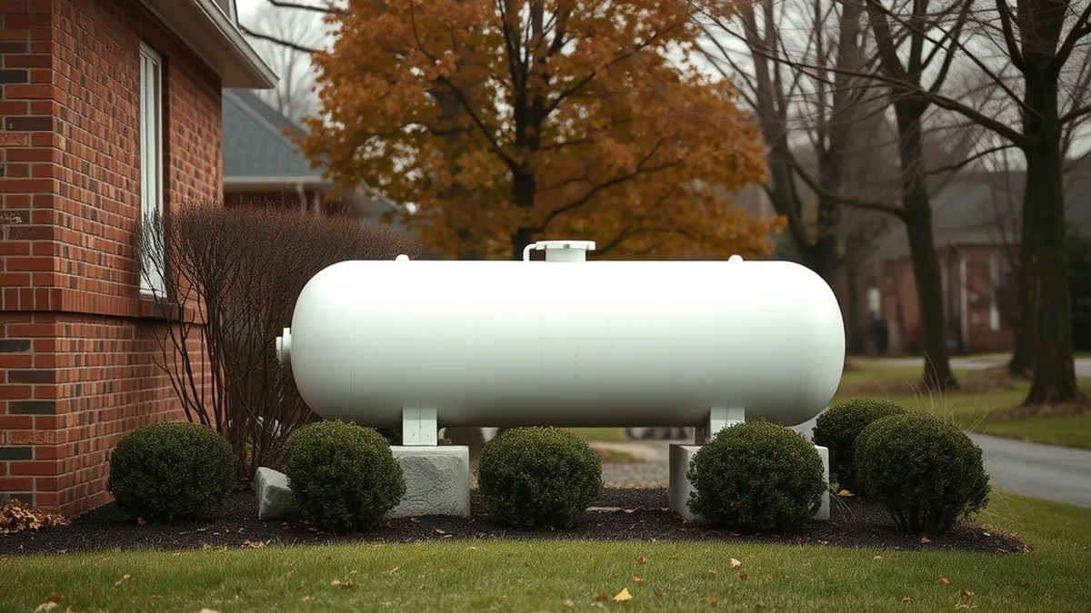 White residential propane tank on concrete blocks beside a brick house in a Maryland suburb