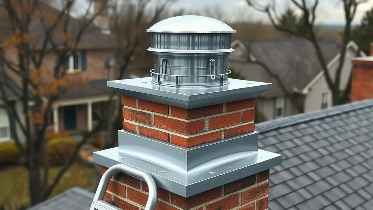 New stainless steel chimney cap and flashing on a brick residential chimney in a Maryland suburb