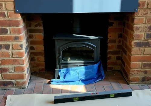 Wood-burning insert newly installed in a brick fireplace, drop cloth and level on the hearth