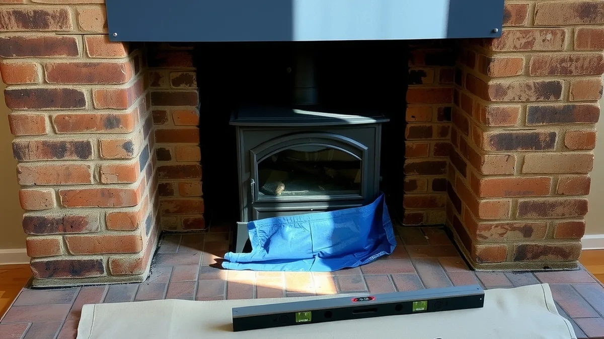 Wood-burning insert newly installed in a brick fireplace, drop cloth and level on the hearth