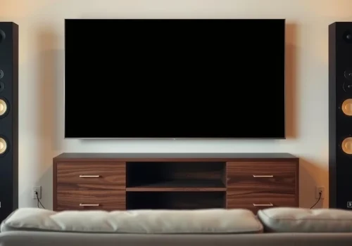 Floorstanding speakers flanking a wall-mounted TV in a Montgomery County living room
