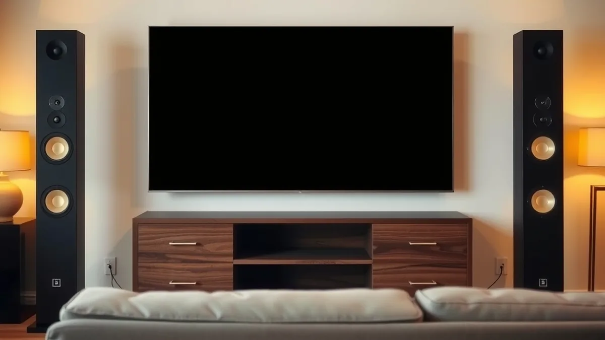 Floorstanding speakers flanking a wall-mounted TV in a Montgomery County living room