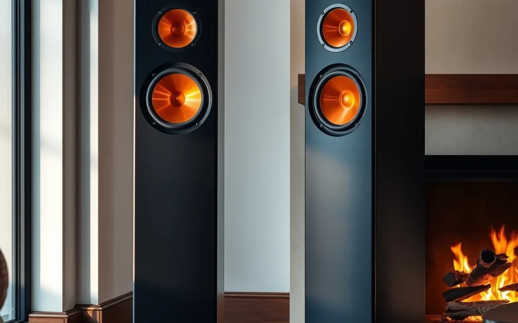 Pair of floorstanding loudspeakers beside a fireplace in a living room