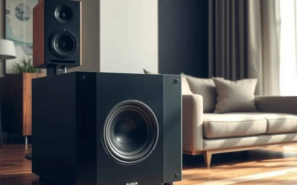 Black sealed subwoofer cabinet on a hardwood floor beside a floorstanding loudspeaker in a living room