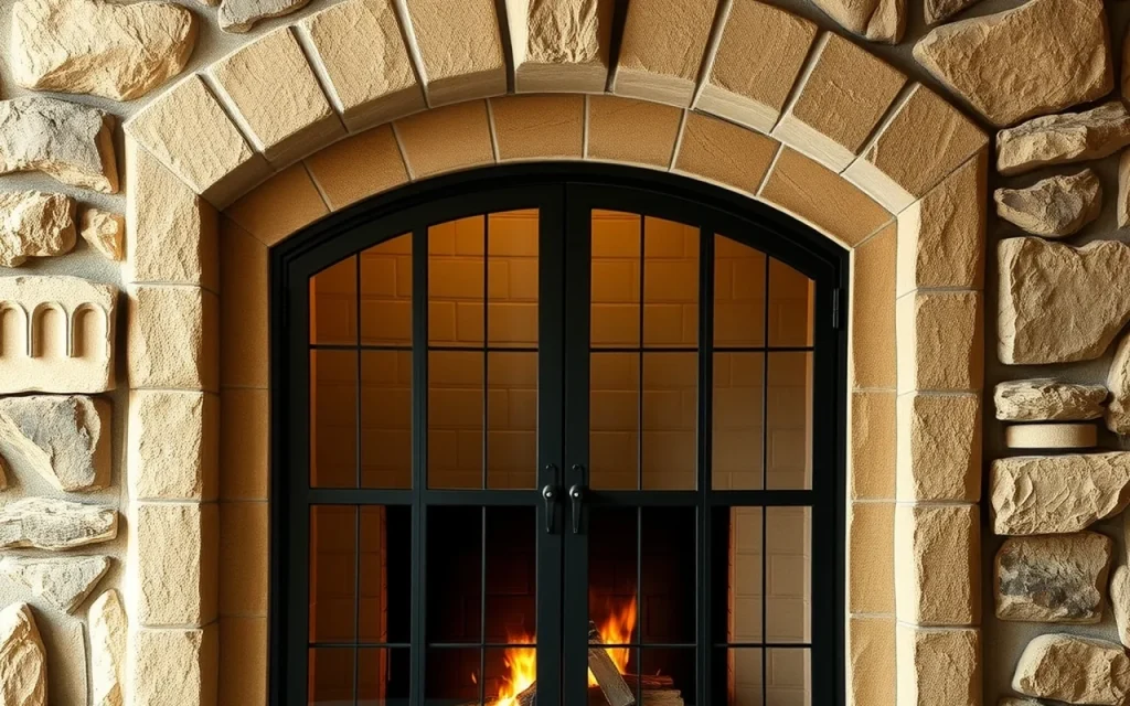 Hand-forged arched iron and glass fireplace doors fitted to a stone masonry fireplace opening