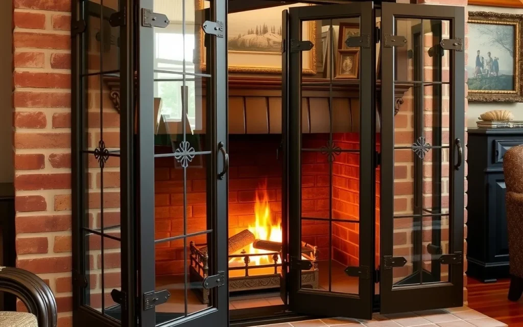 Rectangular hand-forged iron and glass bifold fireplace doors on a brick fireplace