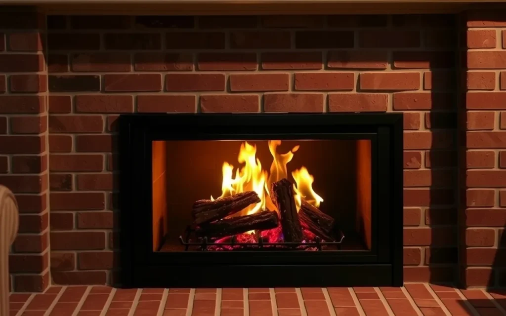 Gas fireplace insert set into a brick fireplace in a living room