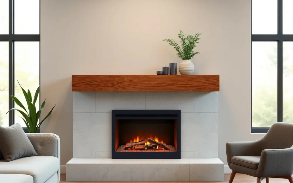 Modern direct-vent gas fireplace with a stone surround and a simple wood mantel in a bright living room