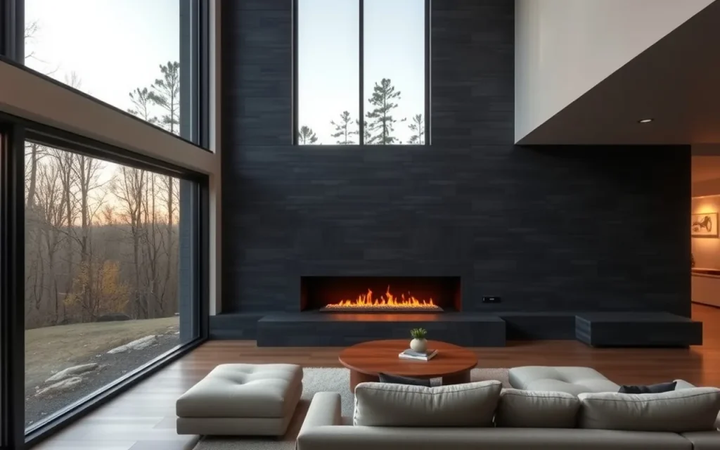 Contemporary living room with a linear gas fireplace in a dark stone wall