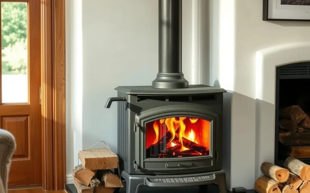 Freestanding cast iron wood stove on a slate hearth with stacked firewood