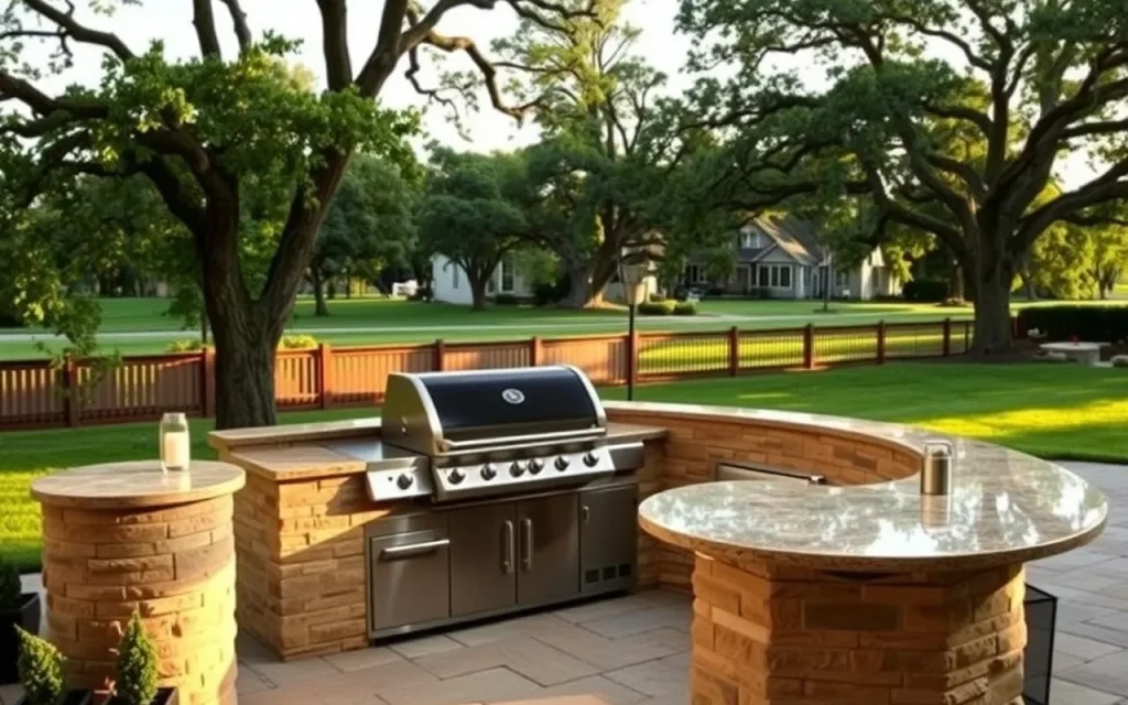Built-in outdoor kitchen with a stainless grill under mature oak trees