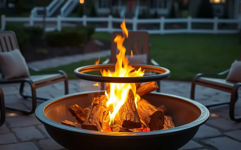 Cast iron outdoor fire pit with a cooking ring on top, burning logs, on a flagstone patio