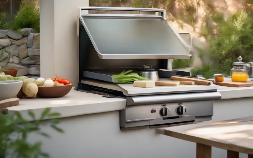 Flat-top gas griddle built into a stone outdoor kitchen counter on a patio