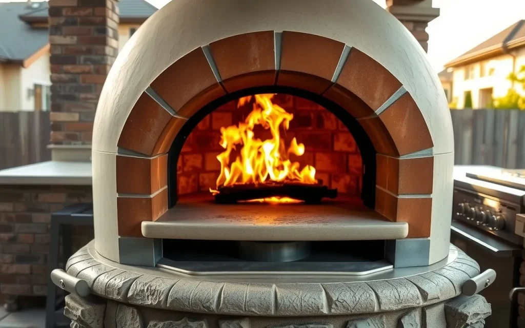 Wood-fired outdoor pizza oven with a stone cooking floor on a patio beside an outdoor kitchen