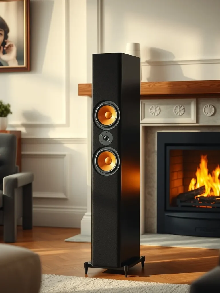 Floorstanding loudspeaker with copper drivers next to a lit fireplace