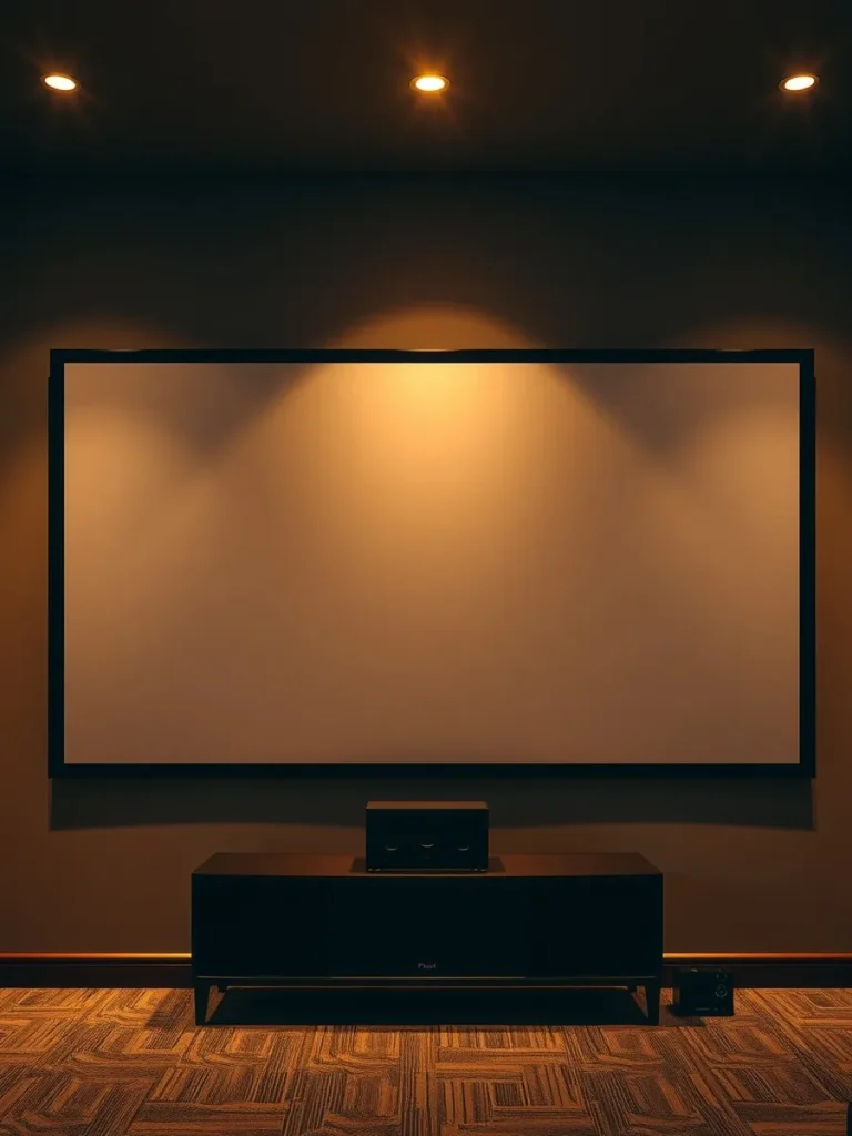 Home theater wall with a large screen and warm ambient lighting