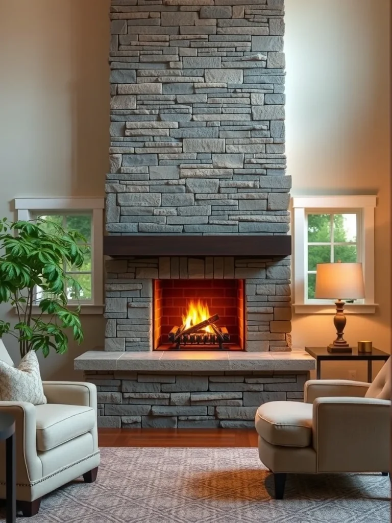 Tall stacked stone fireplace with a lit gas fire and an armchair beside it