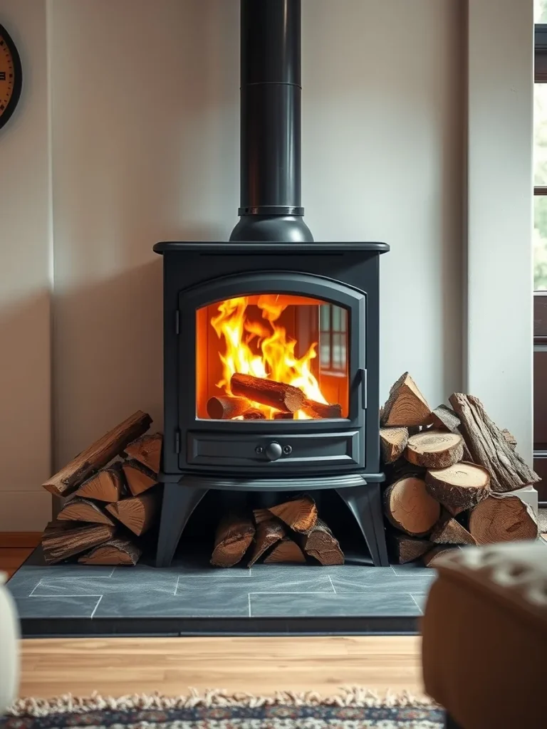 Cast iron wood stove burning on a slate hearth with split firewood