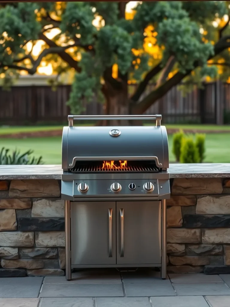 Built-in stainless gas grill in a stone outdoor kitchen island under oak trees