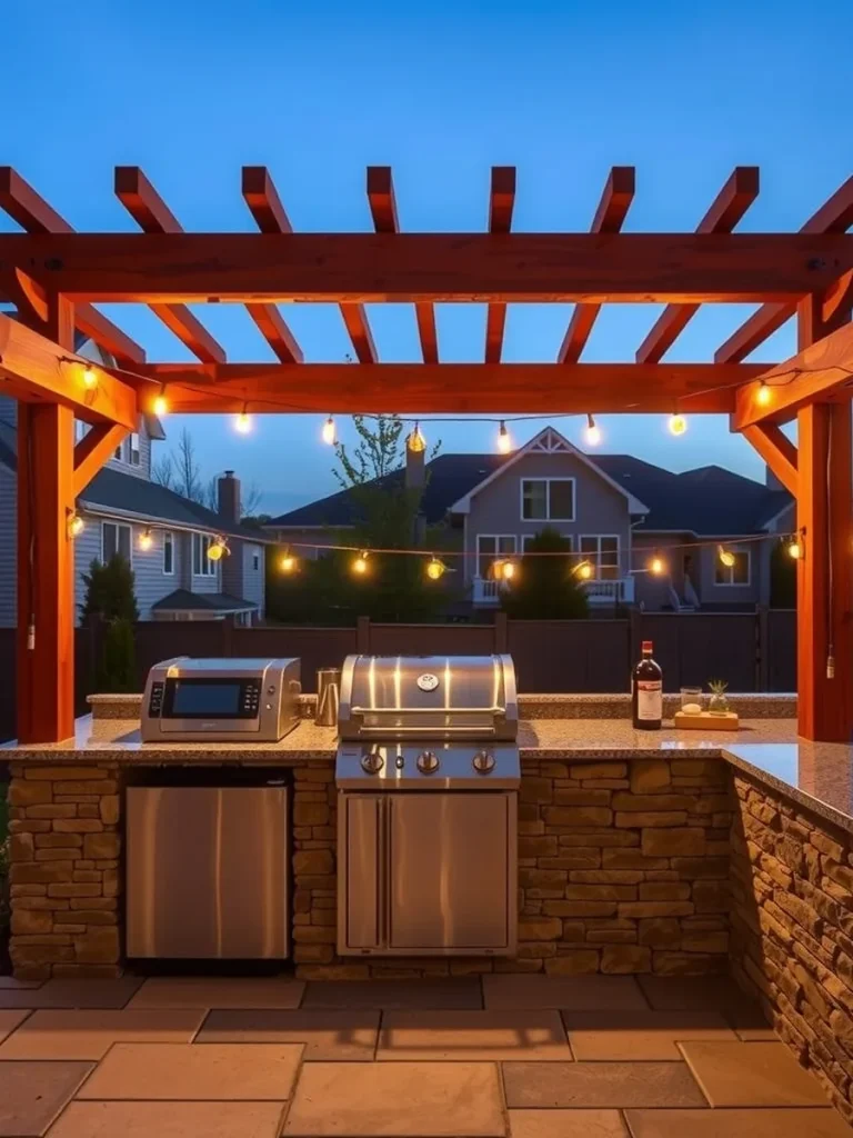 Outdoor kitchen under a wooden pergola with string lights at dusk