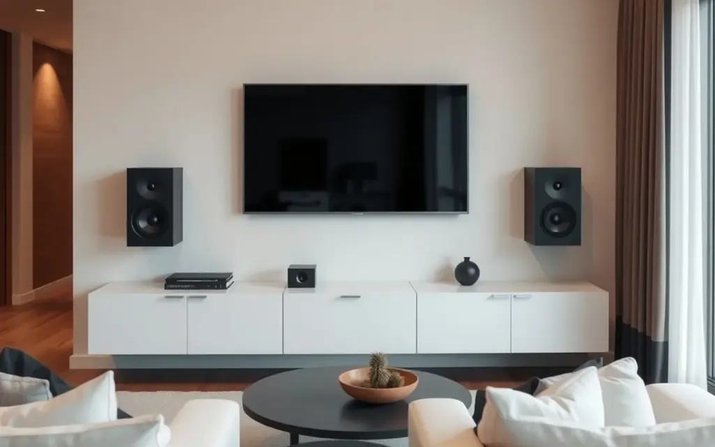 Living room with in-wall speakers flanking a large television