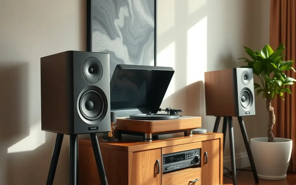 Stereo setup with bookshelf speakers on stands and a turntable on a walnut console