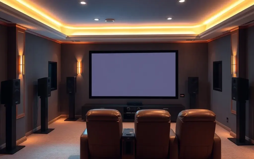 Home theater room with floorstanding speakers, a big screen, and leather seats