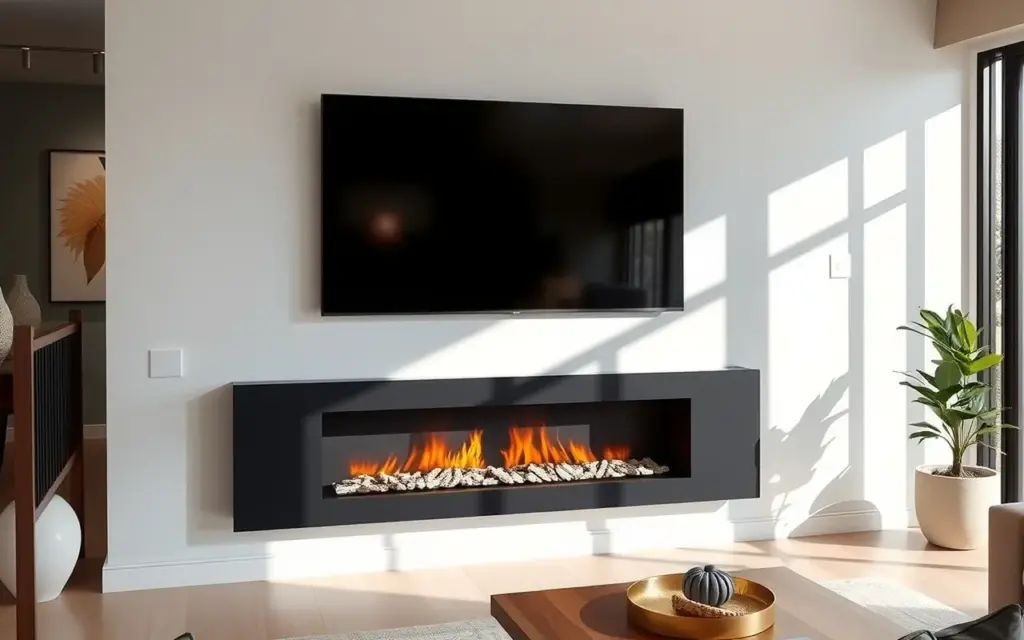 Bright living room with a wall-mounted linear fireplace below a television