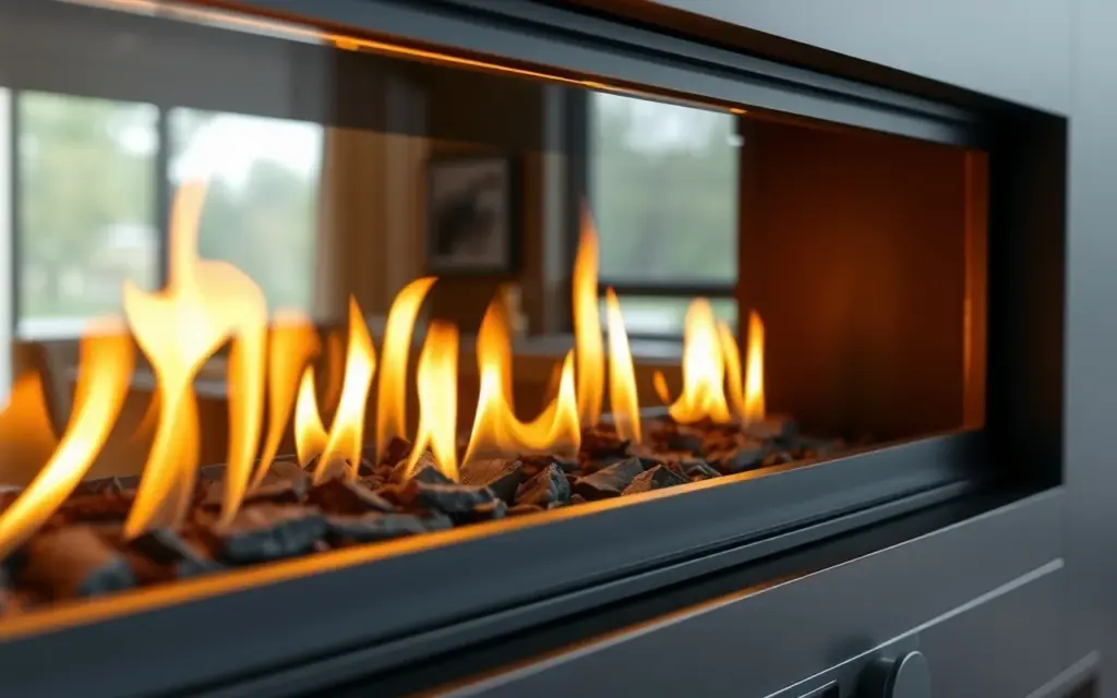 Contemporary linear gas fireplace with a long low flame behind glass