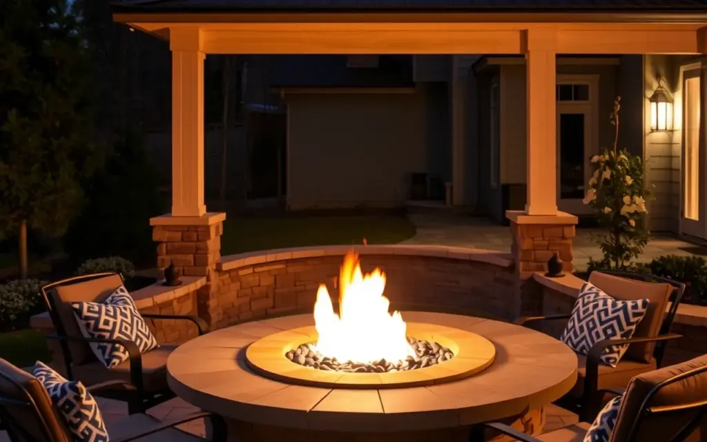 Outdoor gas fireplace on a stone patio at night
