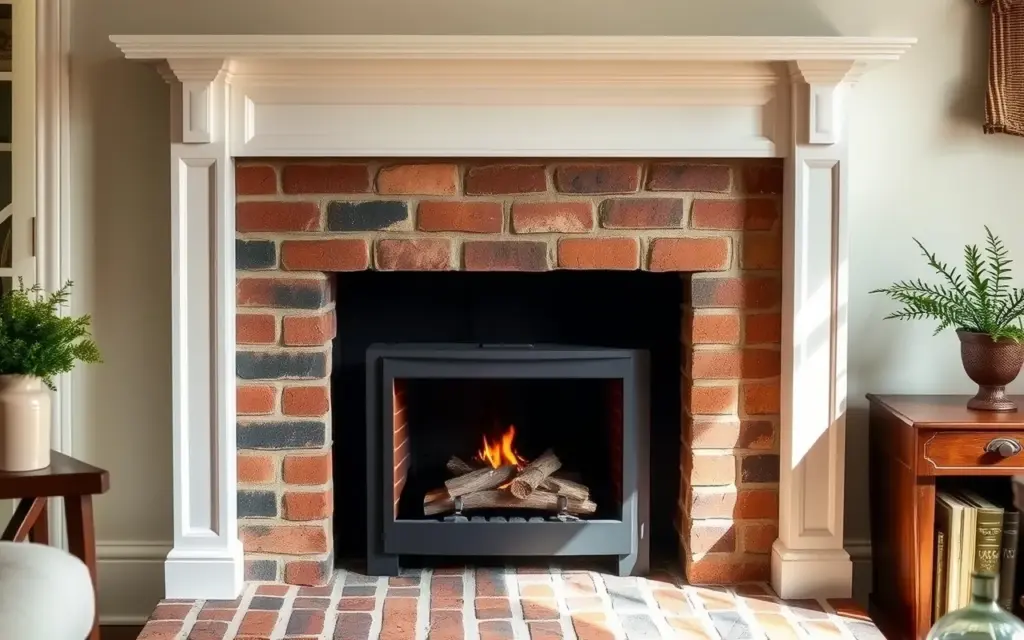 Traditional wood-burning fireplace with a white mantel and brick firebox