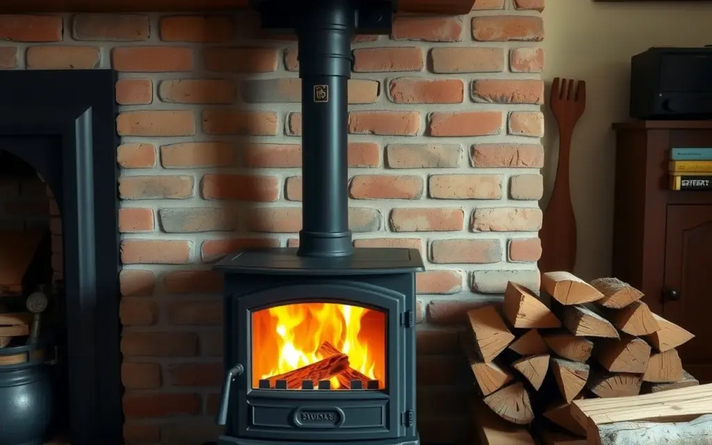 Cast iron wood stove insert burning inside a brick masonry fireplace