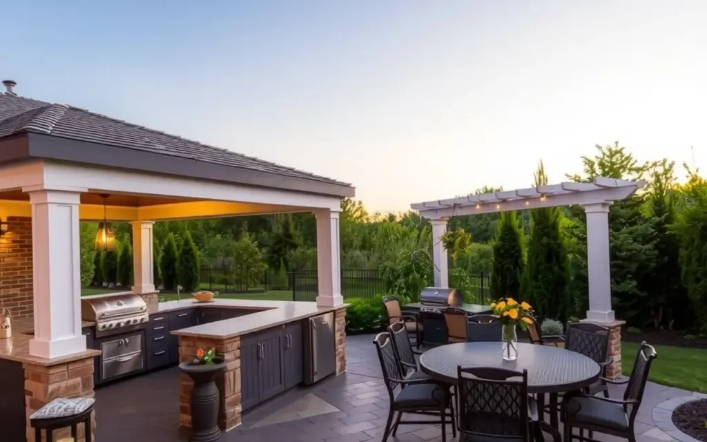 Covered patio with an outdoor kitchen and dining table under a pergola
