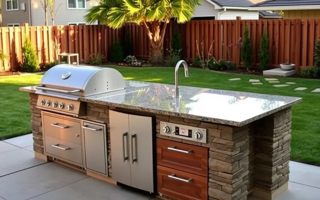 Outdoor kitchen with granite countertop, outdoor refrigerator, and side burner