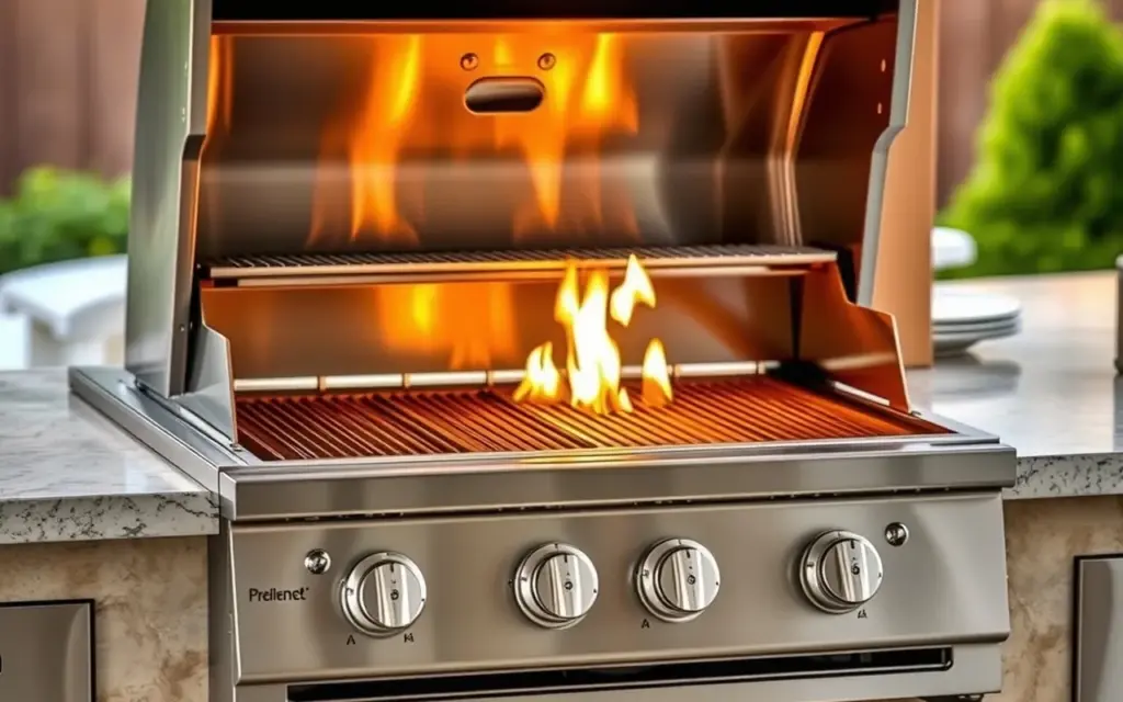 Premium stainless steel built-in gas grill with the lid open