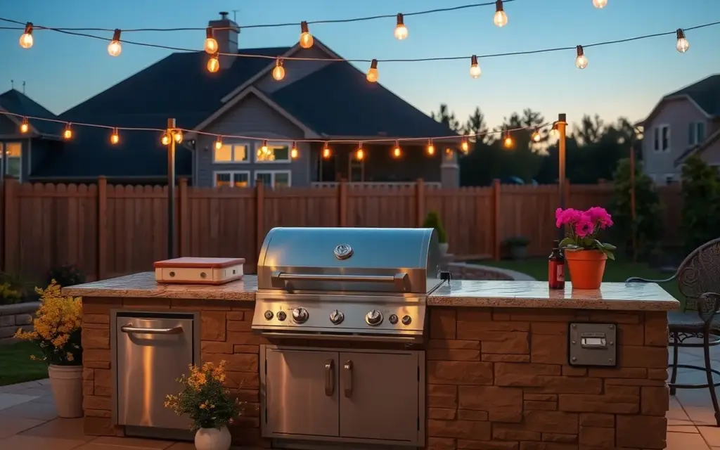 Stainless built-in grill set into a stone outdoor kitchen island at dusk