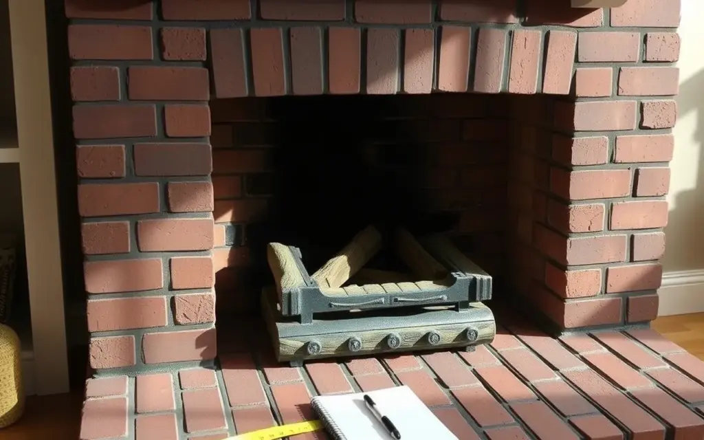 Tape measure and notebook on the hearth of a brick fireplace